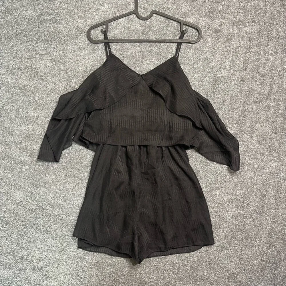 Leith Womens Romper Black Geometric Stripe Cold Shoulder V Neck Tie Front S - Picture 3 of 5